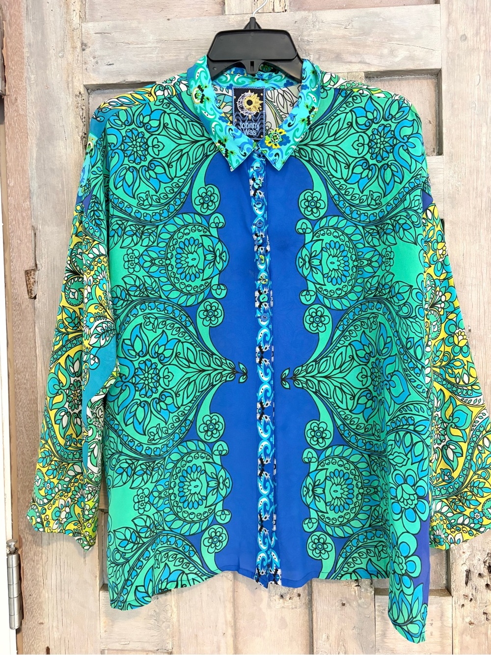Johnny was Bright Teal & Royal Blue Printed Button-Up Blouse, pL 100%silk